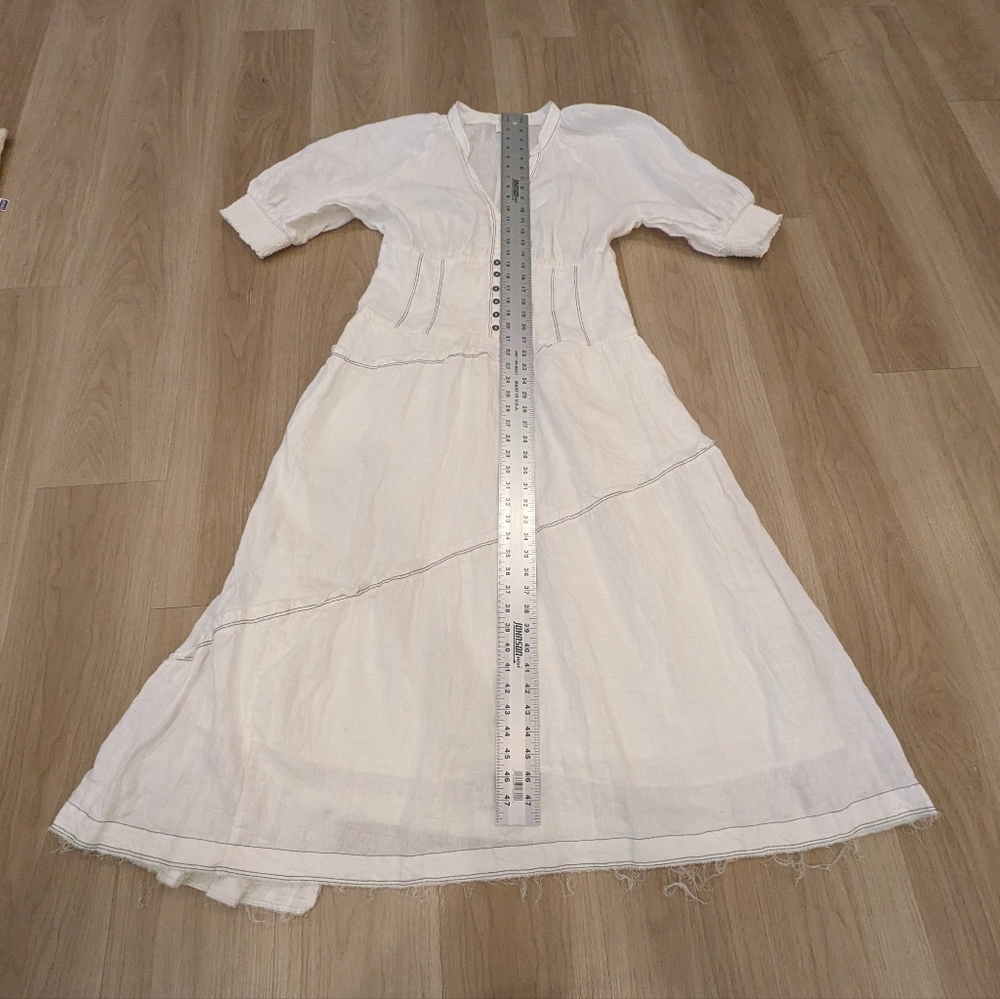Anthropologie White Linen Puff Sleeve Low Cut Asymetrical Dress Size L - Picture 3 of 8